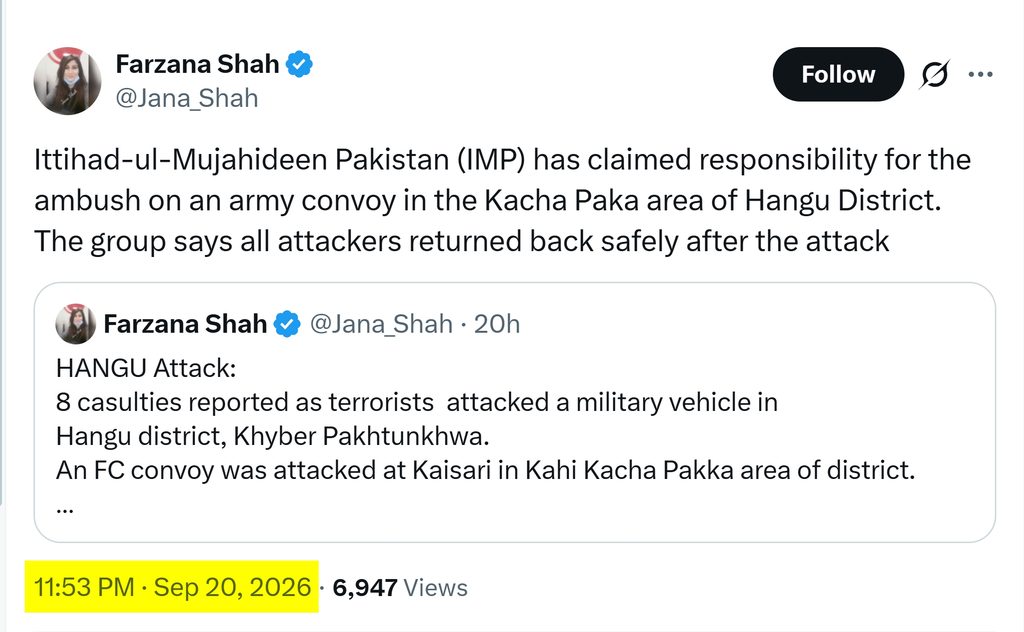 IMP claimed responsibility for ambush on army convoy in Hangu in 2026 2