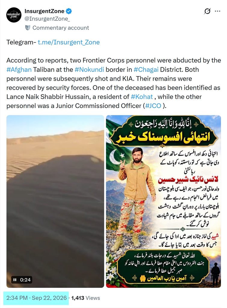 Two Frontier Corps personnel were killed by the IEA at the Nokundi border in 2026 2